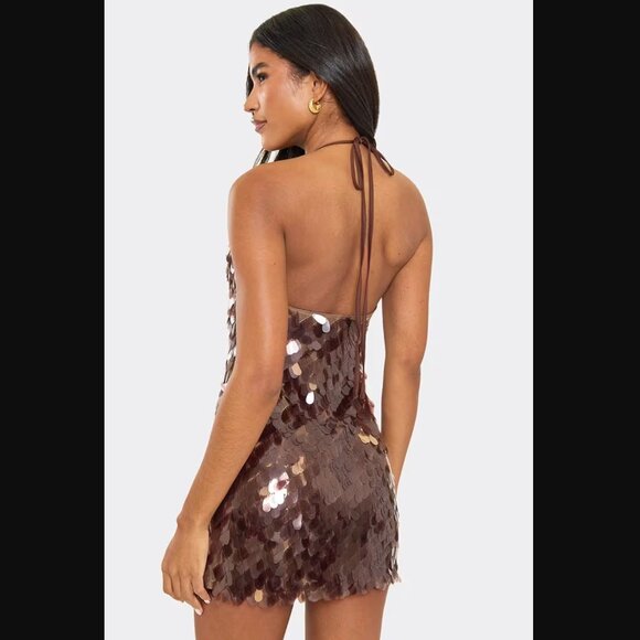 EGO Plunge Neck Mini Dress In Brown Disc Sequin - Picture 3 of 4